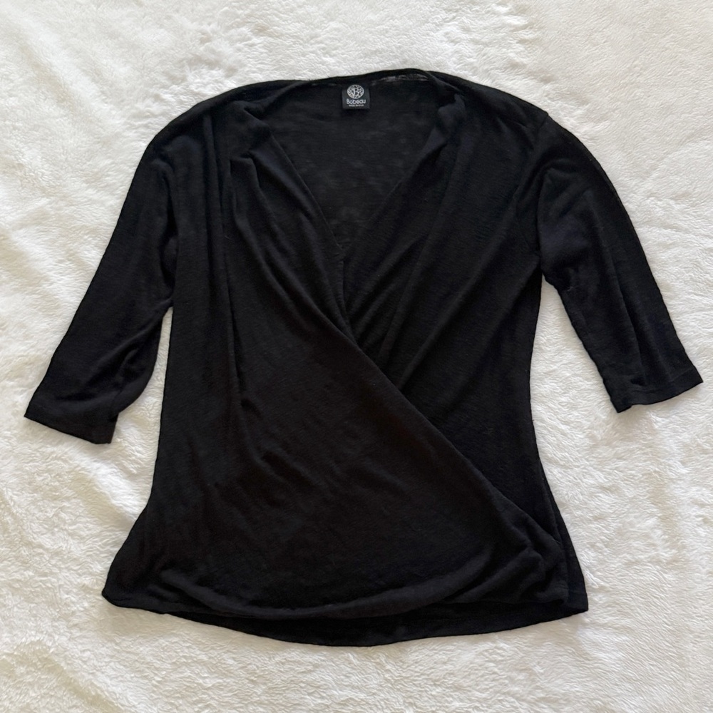 Bobeau Faux Wrap Knit Top Black 3/4 Sleeve
